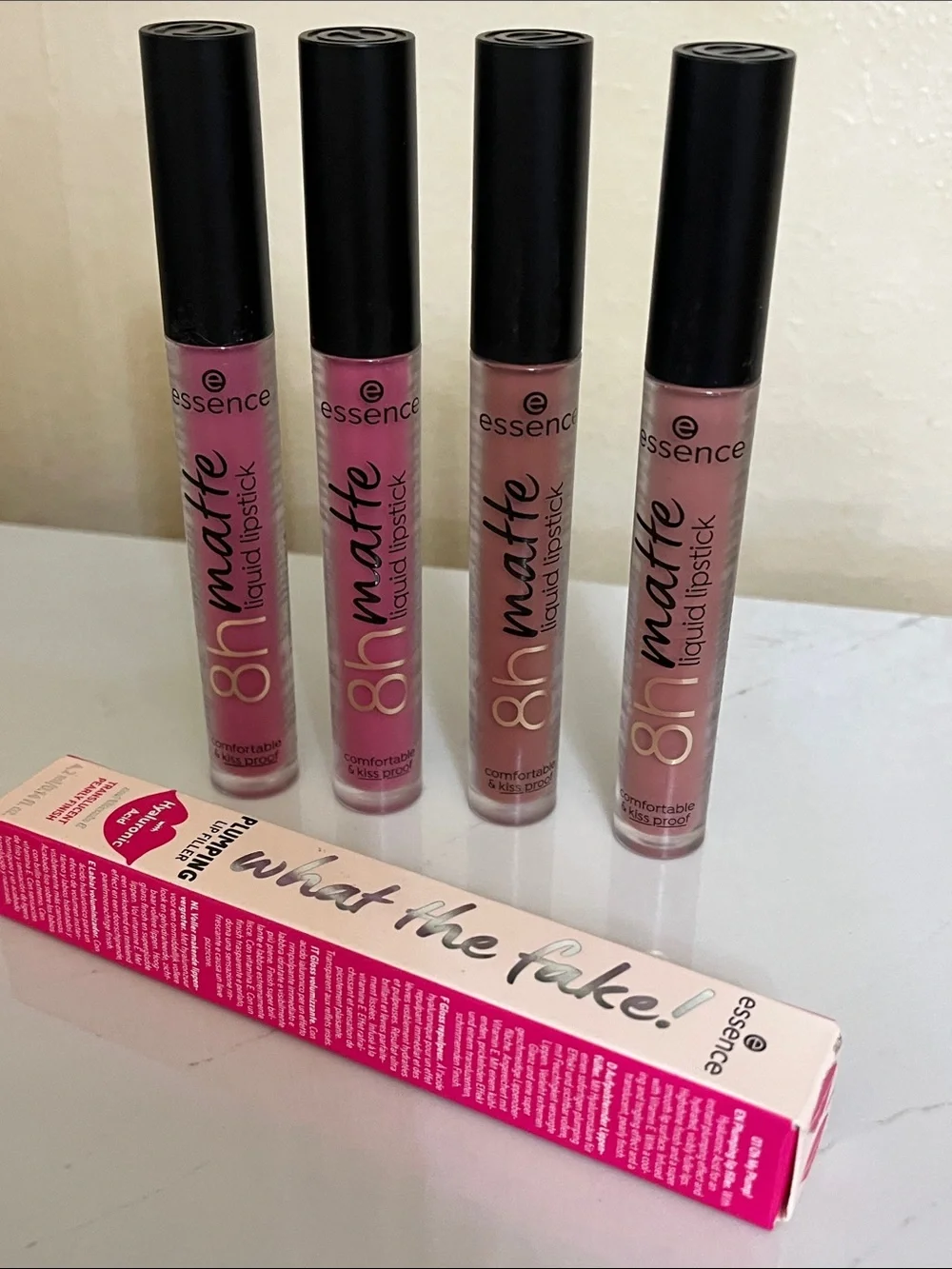 Essence 8H matte liquid lipstick lot pink blush hazelnut nude and lip filler